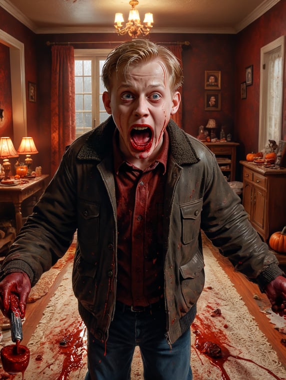 Kevin in Home Alone a horror scene blood around, Halloween style, highly detailed, vivid saturated colors