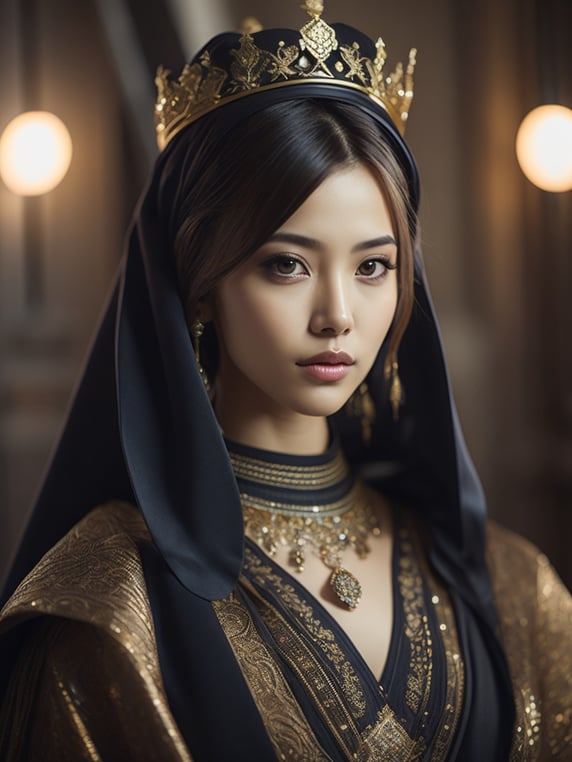 lisa blackpink with arabic fashion black cloak and gold crown in the Renaissance ottoman throne kingdom, photo realistic, ultra-accurate detailed, bokeh lighting, hyper-realistic, real photo, real face of rose blackpink, ultra-detailed photograph