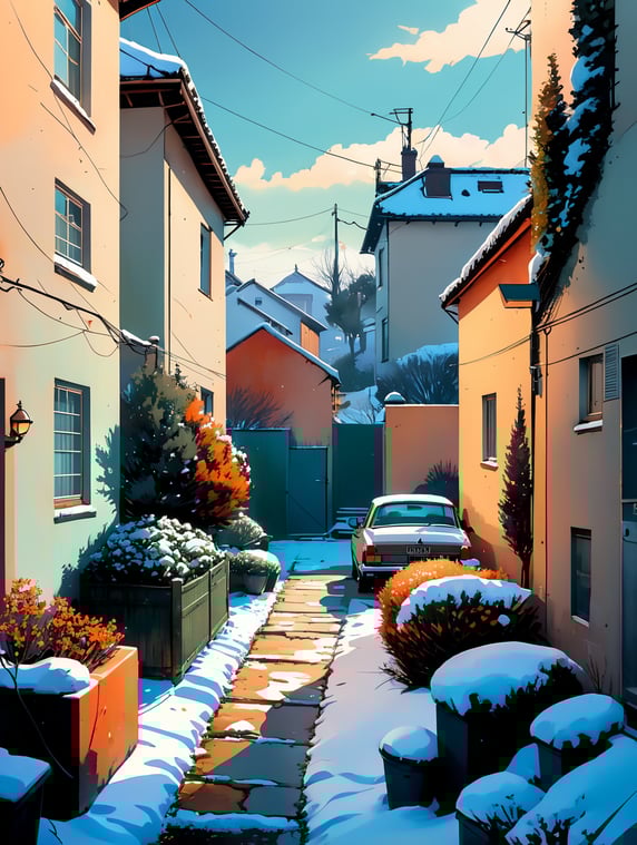 Small garden very simple just shrubs and lawn covered in snow with winters sky