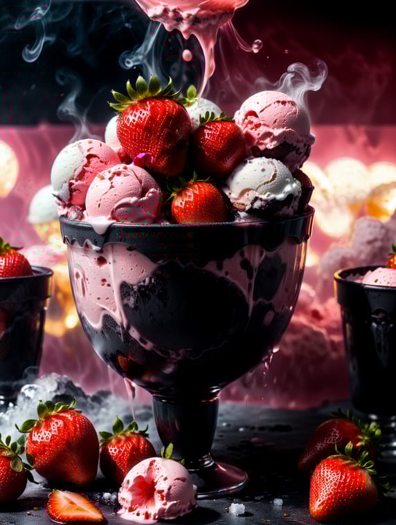 strawberries floating, mixed with strawberry ice cream, red-pink background, smoke, ice cream shop aesthetic, 4k photo-realistic