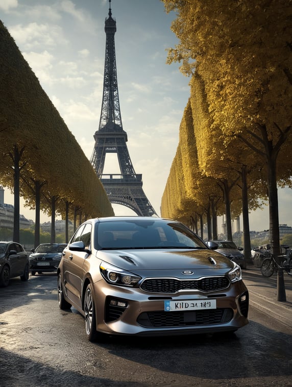 sports kia rio on the roads of Paris near eiffel tower by day