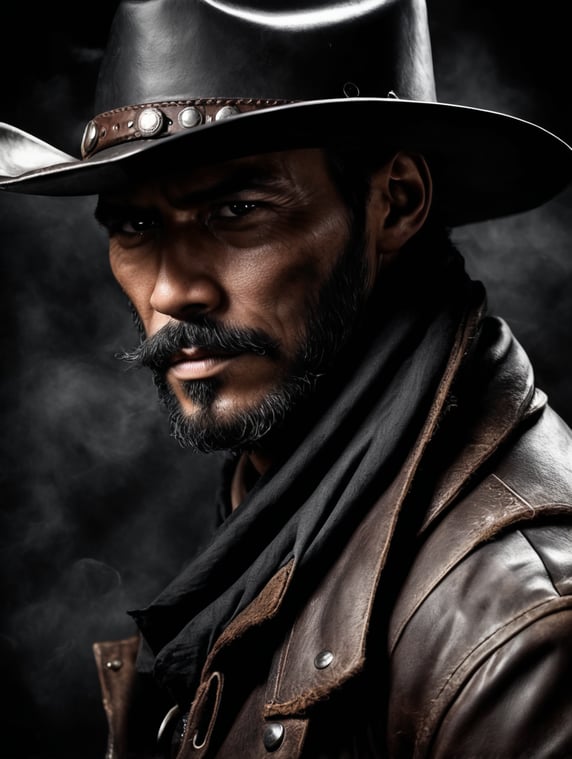 old western bandit train robber, leather cowboy hat, black kerchief covered his face, dark scene, dark atmosphere, epic shot, sharp on details