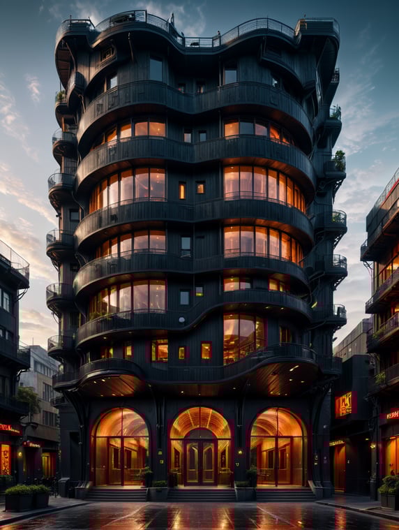 the craziest, bentwood, far view lens architectural modern style hyper realistic hyper detailed neocosmic exterior architecture design of a fly Fluid complex facade, geometric shapes spectrum, black::1 red:3, Antoine Blanchard architecture art style, in new York city, dramatic ambient, natural lighting