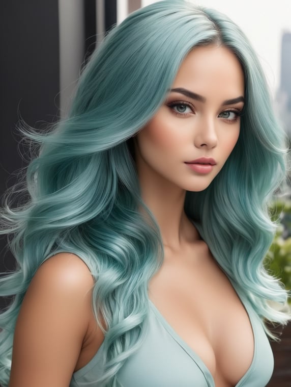 Avatar Description: Hair: Long, flowing turquoise hair with subtle pastel blue highlights. It is styled naturally, enhancing her beauty with a soft, radiant appearance. Face: Striking and captivating, with high cheekbones that softly catch the light, adding to her allure. Eyes: Almond-shaped, framed by long, thick lashes. Her deep hazel eyes feature flecks of gold, adding a touch of mystery and depth. Eyebrows: Elegantly arched, perfectly complementing her delicate jawline and softly rounded chin, giving her an expressive and sophisticated look. Lips: Luscious and naturally glossy, her lips are a focal point, enhancing her overall appeal. Outfit: She wears a stylish, low-cut black tank top that accentuates her curves down to her belly, enhancing her elegant silhouette and adding a touch of sophistication to her appearance. Background: The setting is a chic urban rooftop garden with stylish furniture and soft lighting, creating an ambiance that exudes charisma and realism.