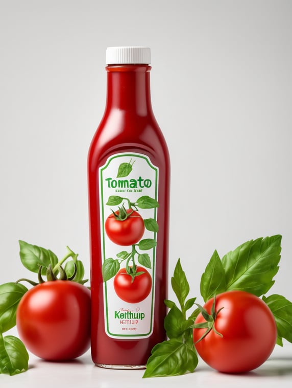 tomato ketchup bottle, red tomato with green leaves, isolated, white background