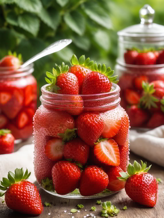 Imagine a clear glass jar, shining in the sunlight. Inside it, red and juicy strawberries are piled up, forming a natural pyramid. Each strawberry looks fresh and ripe, with vibrant red hues and tiny seeds dotting its surface. Some strawberries have green leaves still attached to them, adding a touch of freshness. The sweet aroma of strawberries fills the air, inviting you to taste them. Drops of condensation run down the sides of the pot, testifying to the freshness of the strawberries. It's a scene that evokes the promise of a refreshing, delicious treat.; Imagine um pote de vidro transparente, brilhante à luz do sol. Dentro dele, morangos vermelhos e suculentos se amontoam, formando uma pirâmide natural. Cada morango parece fresco e maduro, com tons de vermelho vibrante e pequenas sementes pontilhando sua superfície. Alguns morangos têm folhas verdes ainda presas a eles, adicionando um toque de frescor. O aroma doce dos morangos enche o ar, convidando você a saboreá-los. Gotas de condensação escorrem pelas paredes do pote, testemunhas do frescor dos morangos. É uma cena que evoca a promessa de um deleite refrescante e delicioso.
