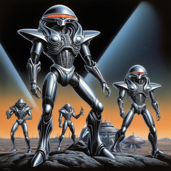 1987 ufo heavy metal art, iron alien, 80s illustration of a futuristic heavy metal band, black background; 1987 ufo heavy metal art, alien de hierro, ilustración de los 80 de una banda futurista de heavy metal, fondo negro