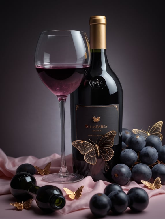 wine bottle with glass of light pink wine on a light pink background with gold butterflies