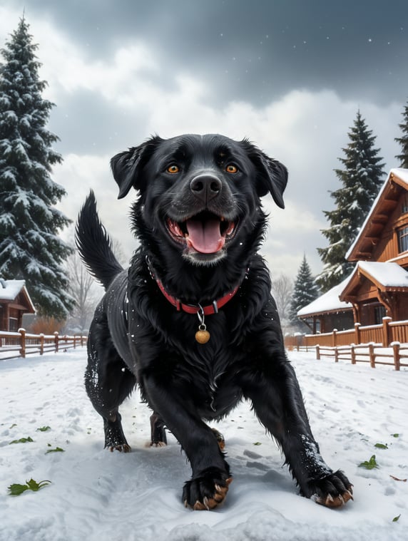 Black dog rolling on his back with legs in the air, on a lawn covered in snow, looking happy