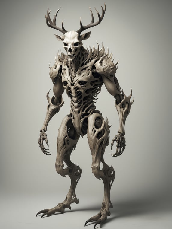 a full body humanoid deer monster, he has legs and head of a deer but his torso is human, his head skull is visible.