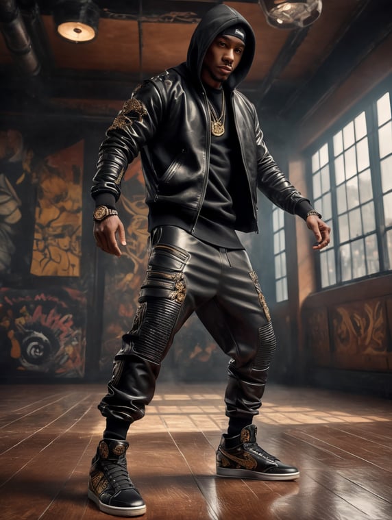 A hip hop breakdancer with leather black tracksuit and sneakers