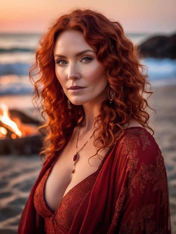 sexy mother Wiccan goddess wearing red boho fashion, Curly Red hair at a large beach bonfire at night, looks like actress Brigid Brannagh