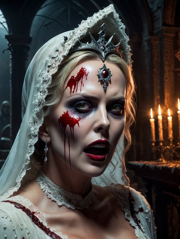 By Blumhouse Productions, eerie Halloween night, Charlize Theron dressed as a ghastly, blood-spattered ghost bride, haunting the abandoned chapel, surreal fear, Halloween charm, cinematic photography, action shoot, movement, epic, high definition