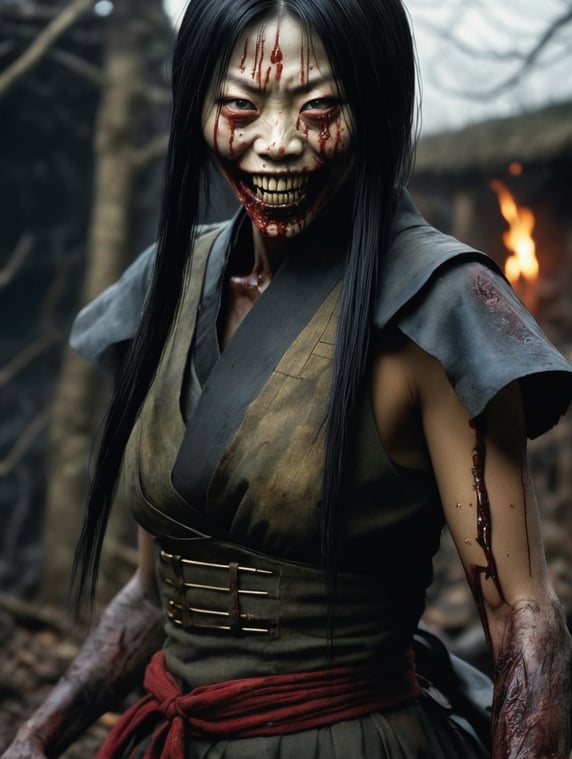 Kuchisake-onna smiling with Slit-Mouthed and razor sharp teeth Ying and yang in the background Rotting flesh ,hored of flesh horror, ironic, creepy, scary caricature, satire, hyperdetailed illustration by Brian Bolland and iconic, hyperdetailed, digital illustration by Derek Riggs, (iconic, hyperdetailed, haunting digital illustration by Zdzisław Beksiński and Peter Gric. ) and artist Vincent Locke