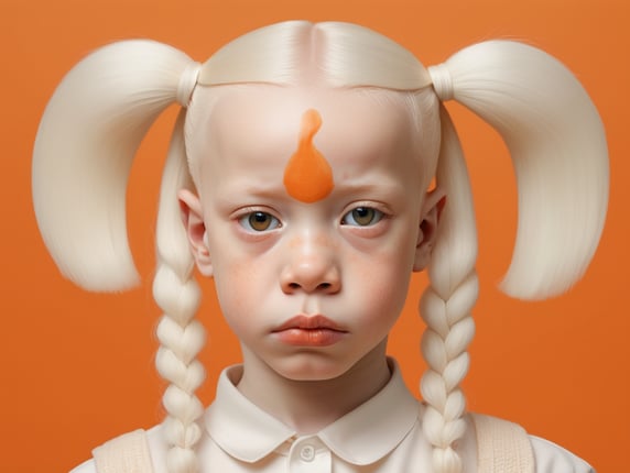 portrait of an albino African-American child with a sad face seen from the front inspired by the work of Magritte with a semi-translucent orange acrylic inlay on the face covering his face. orange background in minimalist photography set; retrato de niño afroamericano albino con cara triste vista de frente inspirada en la obra de magritte con un incrustraciones de acrilico de color naranja semitraslucido en el rostro tapandole el rostro. fondo color naranja en set de fotografia minimalista