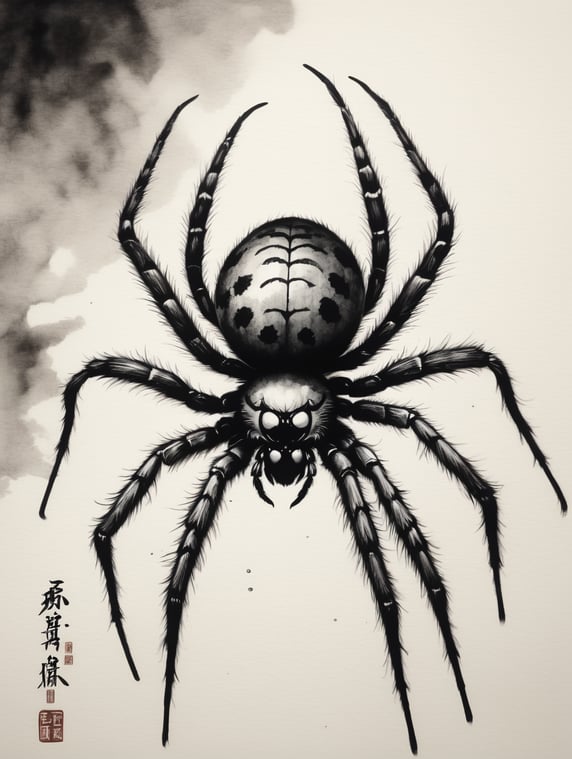 gimme an image of of a spider in japanese ink black and white style
