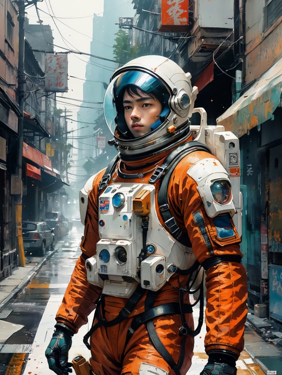 Vintage 90's anime style. a lonely astronaut walking down the by hajime sorayama, greg tocchini, virgil finlay, sci-fi. line art. environmental arcade art.