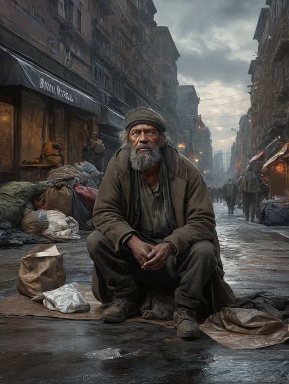 homeless man in downtown road scene.
