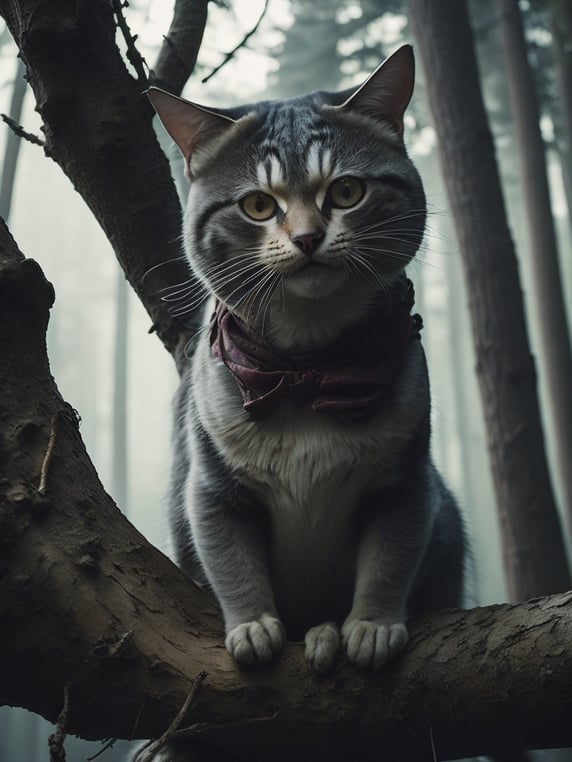 Cheshire Cat on a tree branch in the middle of a dense mysterious forest, where trees and large mushrooms grow all around. Very dreamlike and mesmerizing atmosphere with dramatic lighting and high detail.