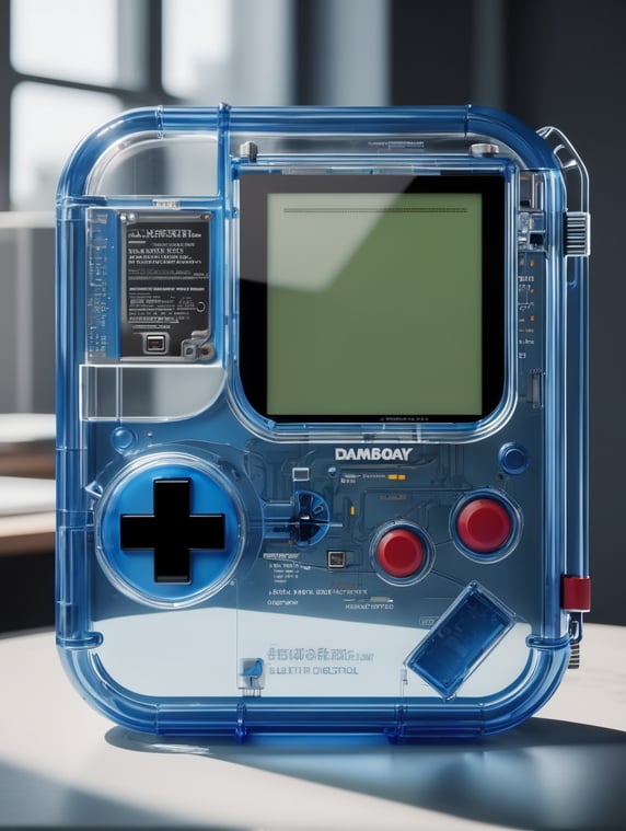 A see through blue translucent game boy designed by dieter rams. industrial design inspiration. unreal engine render, natural lighting, on desk, beautiful shot