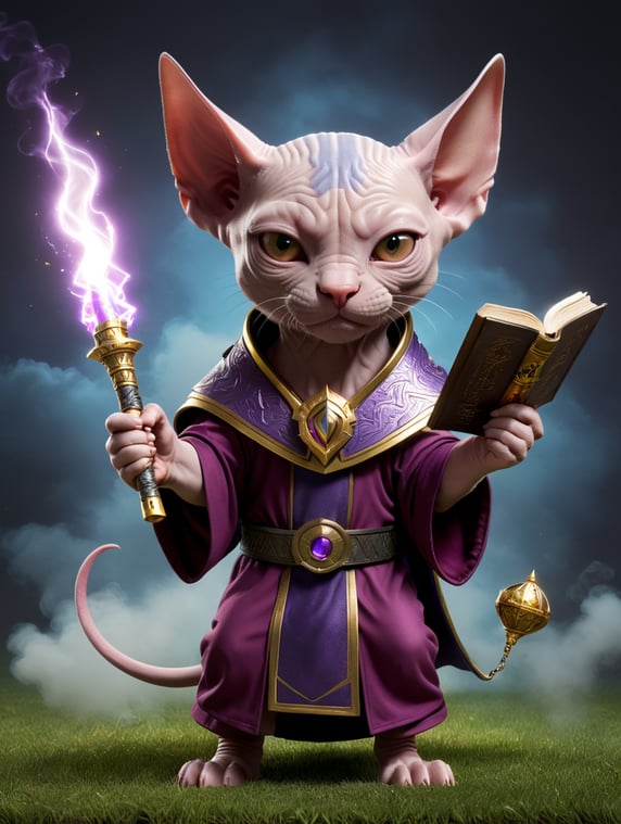 A 3d render of funny cute mystery Sphynx cat armed with pharaoh weapons in style of Clash of Clans. Wearing a wizardly purple and maroon robe and levitates with a spell book in hand, looking dignified but a bit angry. Casts magical spells and has a powerful, unpredictable spell book. Add some scattered magical liquid and glittering smokes. Standing on a piece of grass cut out, soft colour background studio, photorealistic, Pixar style