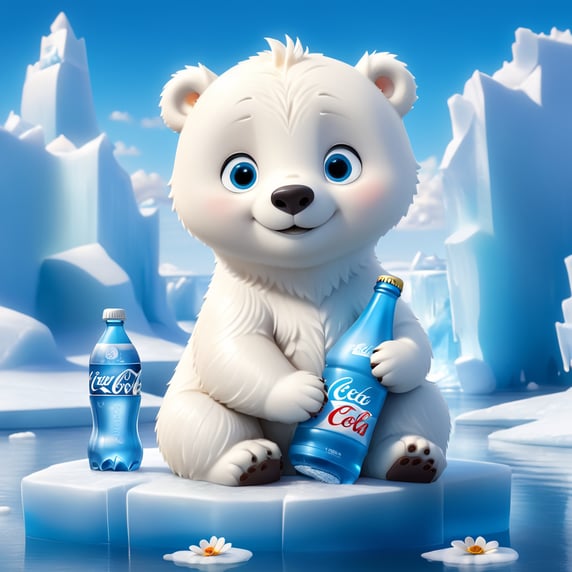 Polar bear baby with blue eyes sits on an ice floe and drinks from a bottle of Coca Cola. Tall icebergs in the background with flowers blooming on them. Bright blue sky with small white clouds.; Eisbär Baby mit blauen Augen sitzt auf einer Eisscholle und trinkt aus einer Flasche Coca Cola. Hohe Eisberge im Hintergrund auf denen Blumen blühen. Strahlend blauer himmel mit kleinen weißen Wolken.