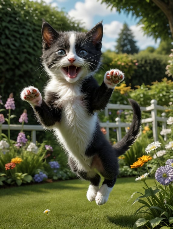 Side view of Small black and white kitten, jumping in surprise, on a lawn in a small English garden
