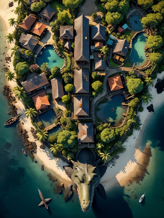make me a village called Kabawakole island in the disnep version and add a crocodile animal object above the village