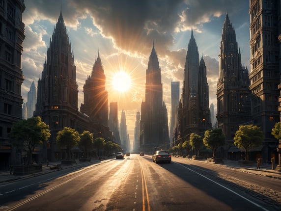 person stop hand at the center of the road with high buildings on both left and right and the sun at the middle