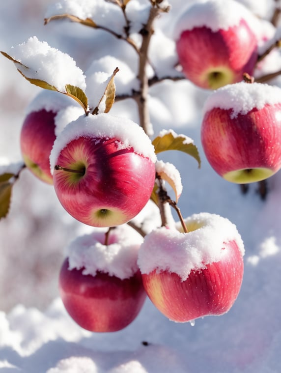 apples in the snow. Pink on white. Close-up. Sunny winter day