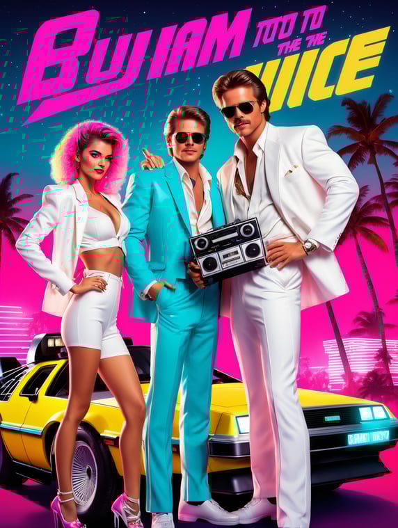 80's Back To The Future style retro party poster featuring guy and girl in white Miami vice suits, holding boom box, neon vibrant colours, synthwave, disco vibes,