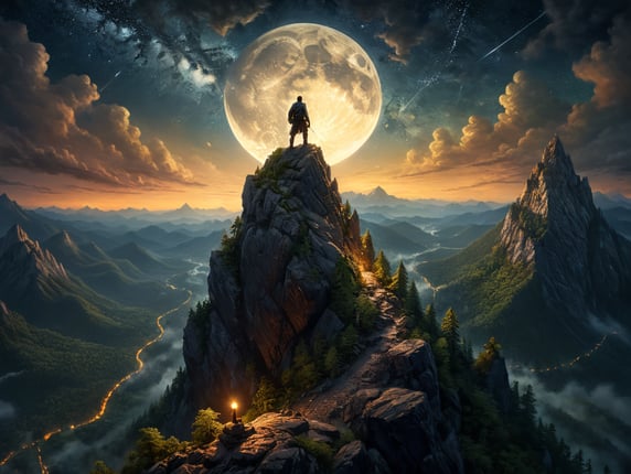 man to the top in the middle of the mountain forest, night, five months