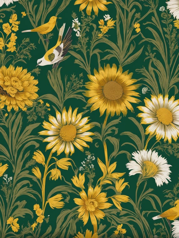 Fabric design for a bedspread with elements of wheat, flowers and birds in yellow, white, green colors
