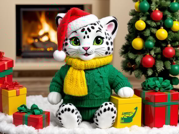 Vintage illustration in the style of 50’s advertising with the image of a cheerful snow leopard in a green knitted sweater, holding a toy yellow Komatsu caterpillar excavator in his paws, next to him a huge red bag with gifts, behind him a big Christmas tree, a fire is burning in the fireplace, the atmosphere of a fabulous New Year’s Eve night and joy, colors – red, white, yellow, green, dark blue, reso print