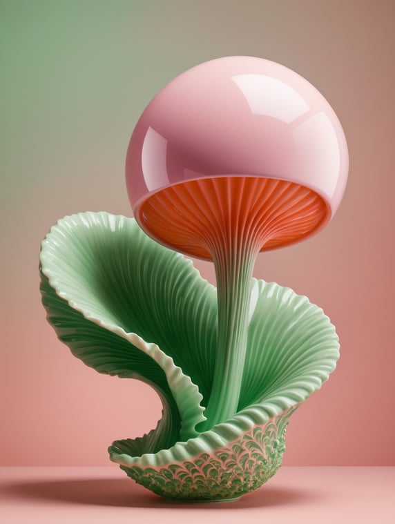 a singular object, floating in mid air, trippy, looks like a seaweed porcelain, structure, gloss, otherworldly, nature, photorealism, y2k, rave, plain pink colour background, light green, pinks, orange, baby pink