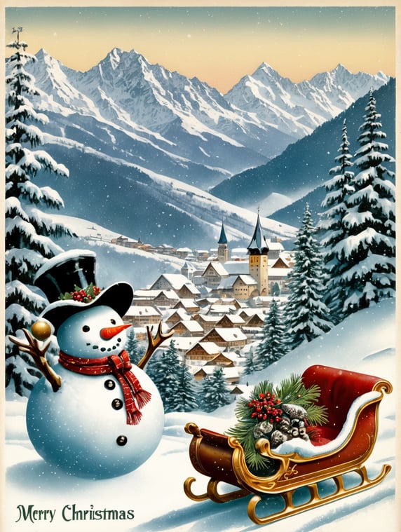 Snowman in a front of Austrian, Tyrol vintage Christmas postcard illustration brimming with nostalgic winter scenes, adorned with sleigh bells and delicate snowflakes