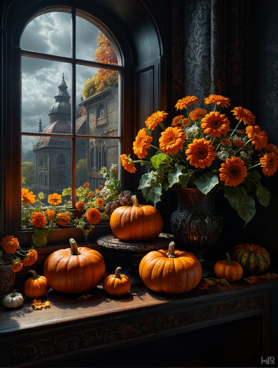 still life with flowers and pumpkin next to the window; натюрморт с цветами и тыквой рядом с окном