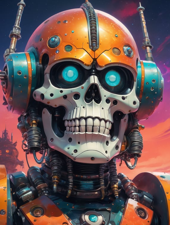 60s cartoon style photo of a huge savage skelton emopunk robot in far off galaxy, style of hannah barbara, studio ghibli, akira toriyama, james gilleard, warner brothers, trending pixiv fanbox, acrylic palette knife, vibrant colors, devinart, trending on artstation, low details, smooth