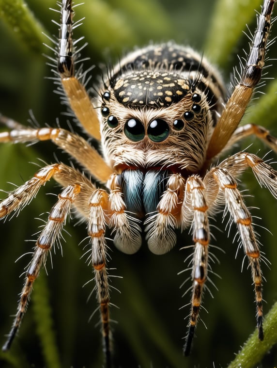 A majestic arachnid, several times larger than life, looms above, suspended by its meticulously crafted and intricate web. The spider's dark, hairy legs dangle gracefully, while its glistening, multifaceted eyes glimmer with an otherworldly allure. The delicate strands of its web glint with dewdrops, woven with a precision that defies belief. This vivid image, reminiscent of a meticulously detailed photograph, captures the mesmerizing beauty and flawless artistry of nature's enigmatic weavers.