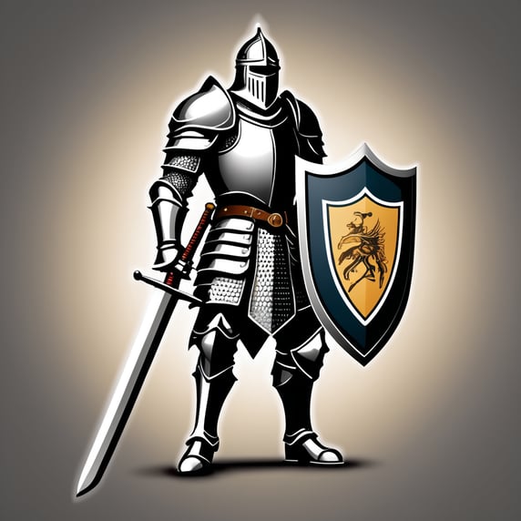 arafed knight with sword and shield logo design, strong fantasy knight, professional logo design, sword design, medieval knight, (((knight))), fantasy knight, holy crusader medieval knight, logo vector art, medieval holy crusader knight, armored knight, high quality character design, 3 d logo, logo design, knight, medieval fantasy game art, logo concept design, illustrated logo