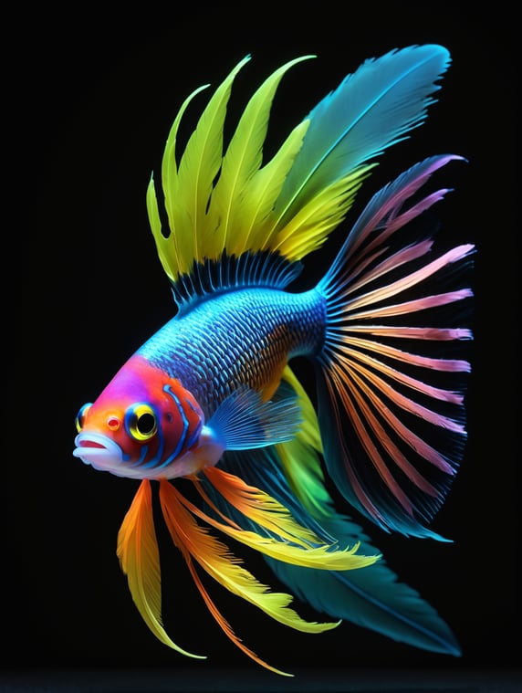 black background, phosphorescent fish alone, beautiful neon colors and one real looking 3D feather