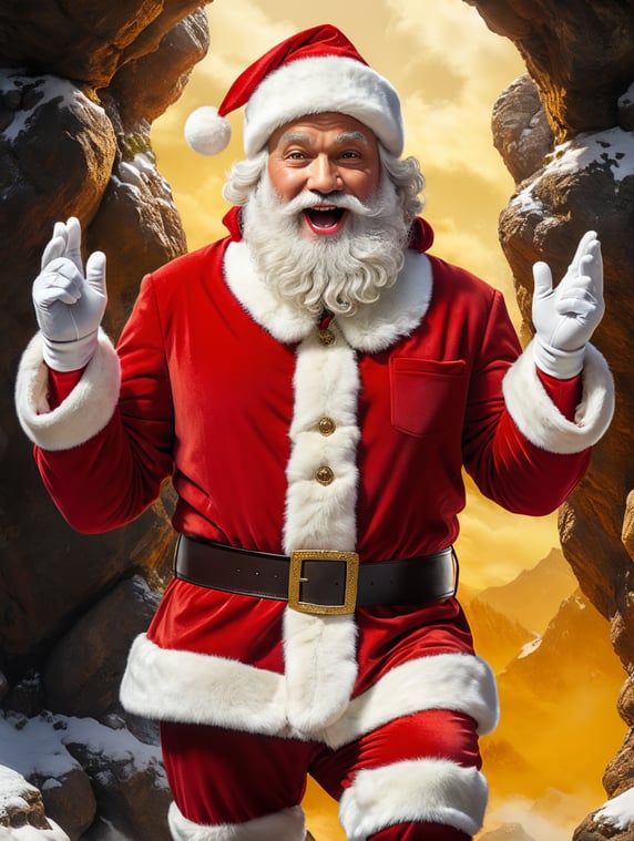 A person in a Santa Claus costume, wearing a red suit with white fur trim and a red hat with a white pom pom, holding up their hands in a 'rock on' gesture, against a solid yellow background.