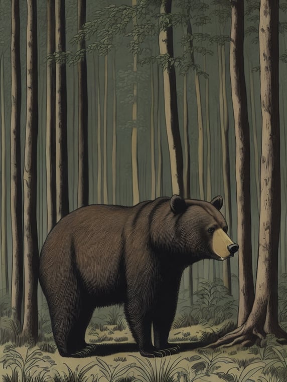 An illustration by Mark Catesby. An illustration of a bear standing in a forest, full length bear, full body