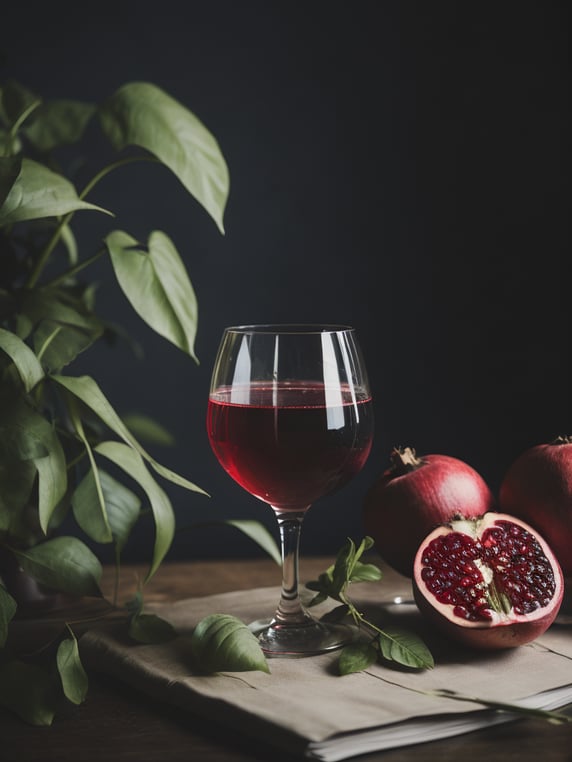 a glass of homemade pomegranate juices, green leaves and pomegranate on the table, deep colors, dark atmosphere