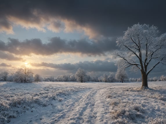 A small field covered in snow, viewed from ground level with a wintery sky.
