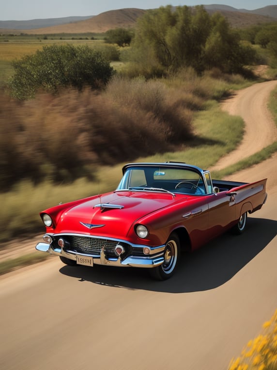 Red ford thunderbird 1955 old fashion truck driving down a dirt road in the country