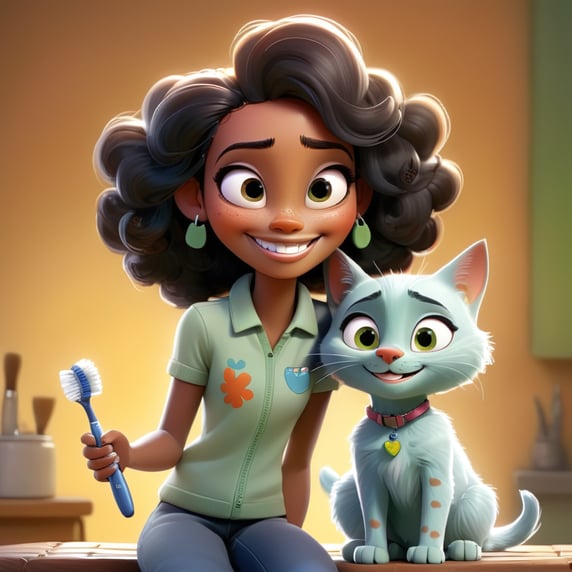 a afro dentistc veterinary girl, smiling, with a dog and a cat by her side and holding a toothbrush