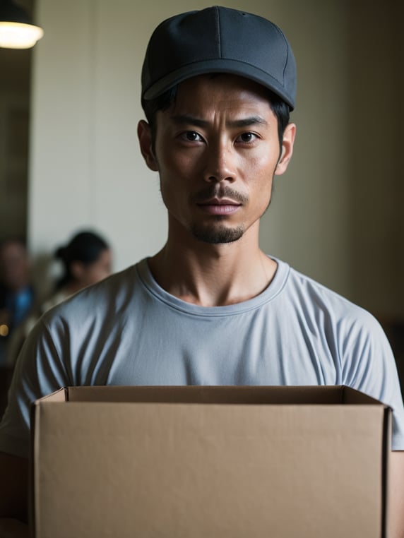 portrait of a delivery (((Chinese man))), wearing a white cap and white t-shirt, holding a box