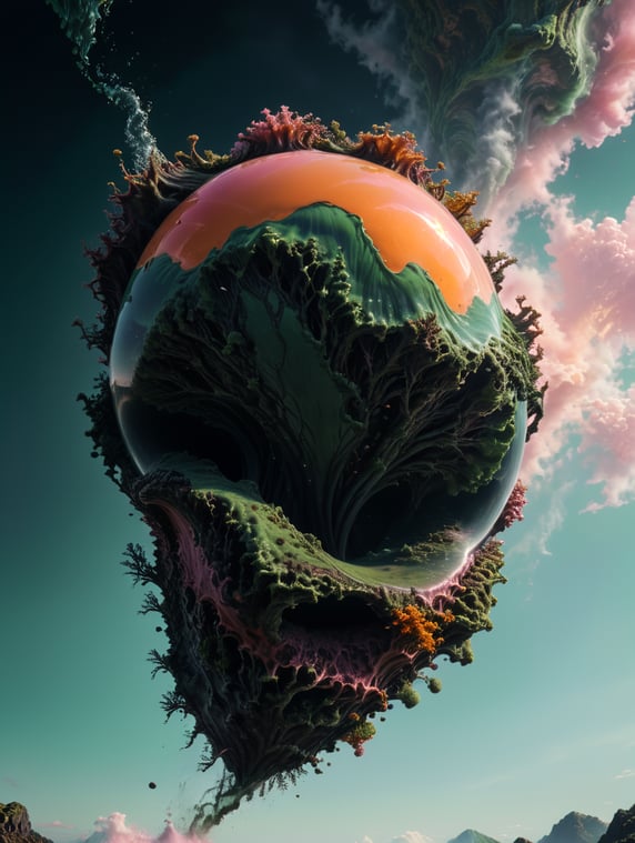 a singular object, floating in mid air, trippy, looks like a seaweed porcelain, structure, gloss, otherworldly, nature, photorealism, y2k, rave, plain pink colour background, light green, pinks, orange, baby pink