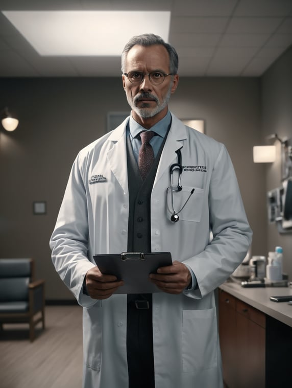 Shot of an unrecognizable doctor holding a clip board, in the patient waiting room, clip board facing forward, modern scene